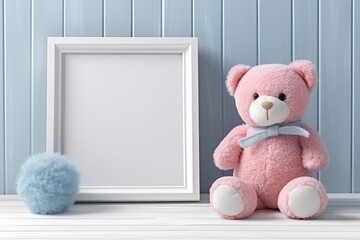 Teddy bear and a rainbow-colored plush toy are framed in white on a white desk. Baby nursery painting in pink and blue with a blank horizontal frame mockup and baby kid toys Generative AI