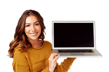 Naklejka premium Laptop, screen and portrait of woman showing website UI, UX or software isolated in a transparent or png background. Web design, internet and young person or girl advertising IT technology with smile