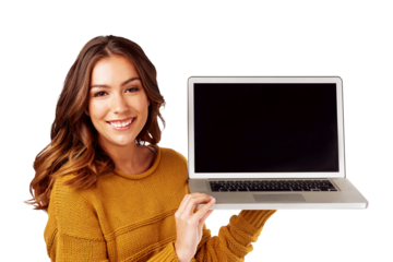 Laptop, screen and portrait of woman showing website UI, UX or software isolated in a transparent or png background. Web design, internet and young person or girl advertising IT technology with smile