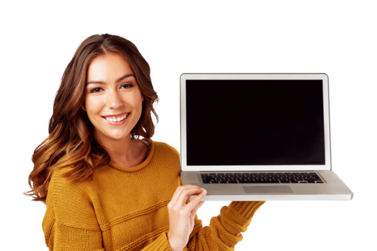 Laptop, screen and portrait of woman showing website UI, UX or software isolated in a transparent or png background. Web design, internet and young person or girl advertising IT technology with smile