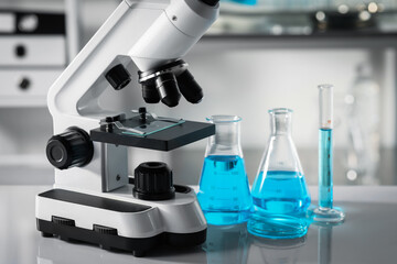 Different laboratory glassware with light blue liquid and microscope on table