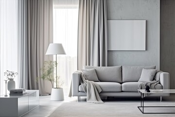a gray sofa and a white mock-up poster frame are displayed against a modern interior setting in the living room. Generative AI