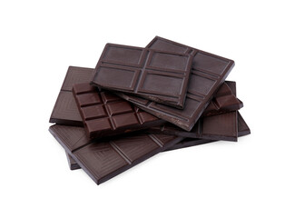 Pieces of delicious dark chocolate bars isolated on white