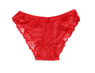 Elegant red women's underwear isolated on white, top view