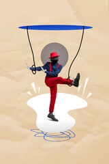 Vertical composite collage of headless gentleman performer dancing hanging trap manipulation...