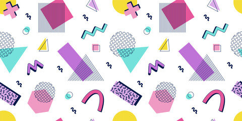 Abstract seamless pattern 80s 90s with geometric shapes in the Memphis style. Vector retro hipster print