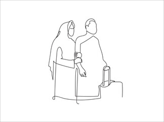  line drawing a Muslim with his ihram dress getting ready to go to Madena 