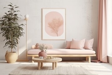 mock-up poster frame in a contemporary setting with a sofa and other decor in the room. Generative AI
