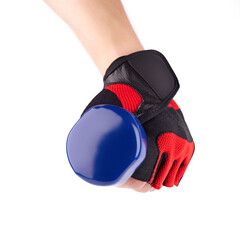 Bicycle gloves on white background. Gym equipment. Fitness. Workout gloves used to protect the hands from developing corns and calluses.