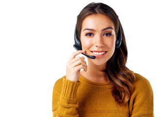 Portrait, customer service and contact us with a consultant woman isolated on a transparent png background. Communication, call center and face of support with crm employee consulting using a headset