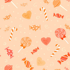 seamless orange pattern with hearts and sweets, birthday textile kids fabric, bakery candy background