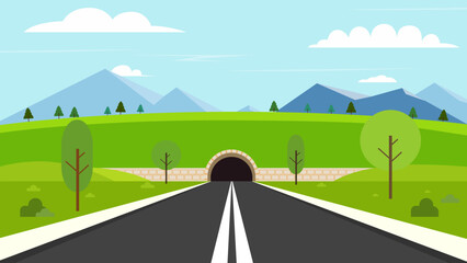 Tunnel road with nature landscape.Natural scene with street to tunnel and sky background.Vector illustration - obrazy, fototapety, plakaty