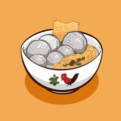 Digital vector illustration of bakso or meatball Indonesian food
