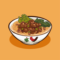 Digital vector illustration of mie ayam or chiken noodles Indonesian tradional food