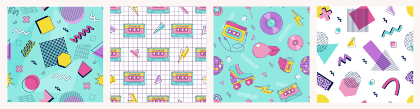 Memphis collection of seamless patterns. Set abstract geometric shapes, elements of the 80s 90s, vector trend background