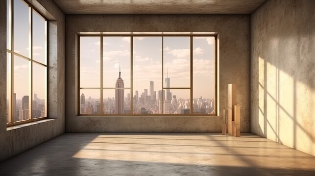 A contemporary interior with city views, copyspace on the walls, and sunlight and shadows. a mockup Generative AI