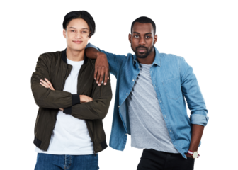 Fashion, men and portrait of friends with arms crossed isolated on a transparent png background with casual, stylish and cool outfits. Diversity, confidence and young male models with trendy clothes