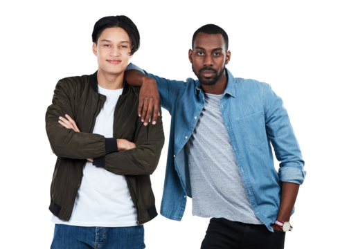 Fashion, men and portrait of friends with arms crossed isolated on a transparent png background with casual, stylish and cool outfits. Diversity, confidence and young male models with trendy clothes