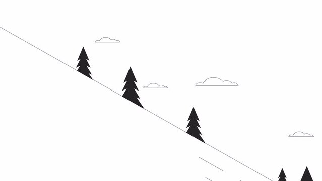 Animated bw ski slope. Snow mountain isolated 2D animation. Ski trail. Riding down. Snow hill. Monochrome thin line cartoon background 4K video footage, alpha channel transparency for web design