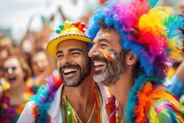  Close-Up View - Happy gay couple smiling with rainbow color clothes at Pride in Sao Paulo. Dancing to a live samba band, surrounded by a sea of rainbow flags and colorful costumes.Generated with AI
