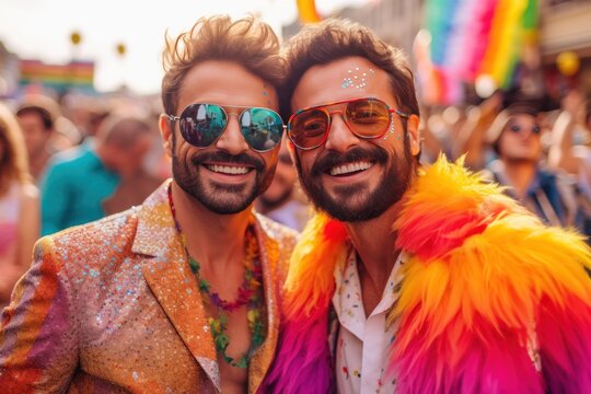  Close-Up View - Happy gay couple smiling with rainbow color clothes at Pride in Sao Paulo. Dancing to a live samba band, surrounded by a sea of rainbow flags and colorful costumes. Generated with AI