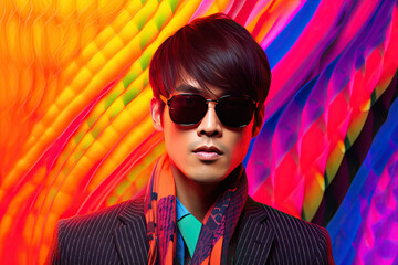 High Korean Fashion model man in colorful bright lights posing in studio, portrait of beautiful sexy male with trendy make-up. Art design, colorful make up. Generative AI
