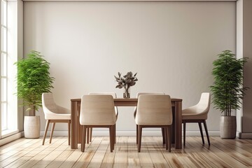 Fototapeta premium Interior of a light dining room with a table and four beige chairs, modern furnishings on a parquet floor, and a potted plant. Blank space for copying on a wall Generative AI