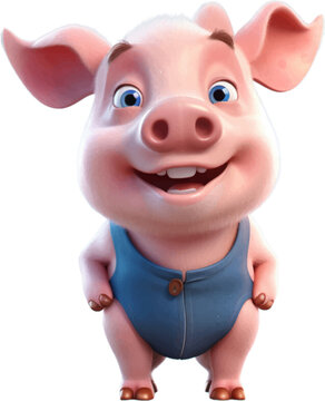 cute cartoon pig with, in the style of caricature-like, photorealistic, white background