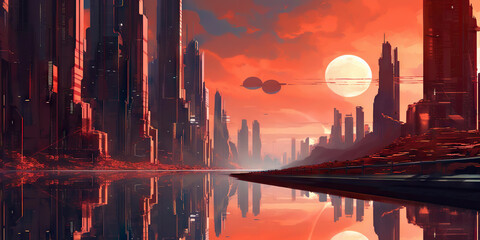 Panoramic cityscape in cyberpunk futuristic style. Towering skyscrapers in neon retrowave colors. Generative AI