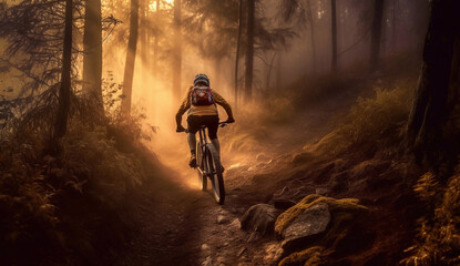 Mountain biking man riding on bike in summer mountains forest landscape in the sunshine, AI generative