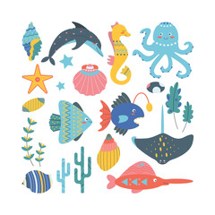 Set of marine elements seaweed, seashell, octopus, dolphin, fish, stingray, seahorse.