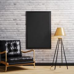 mockup frame in modern simple with one black sofa, on brick wall  ,generative AI