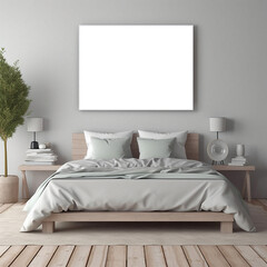 A Suite Scandinavian beach above the bed with a mockup wall art, generative AI
