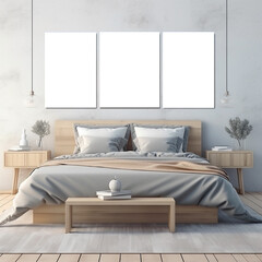 A Suite Scandinavian beach above the bed with 3 mockup wall art,generative AI