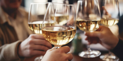 Close up of group of friends toasting with glasses of white wine at restaurant
