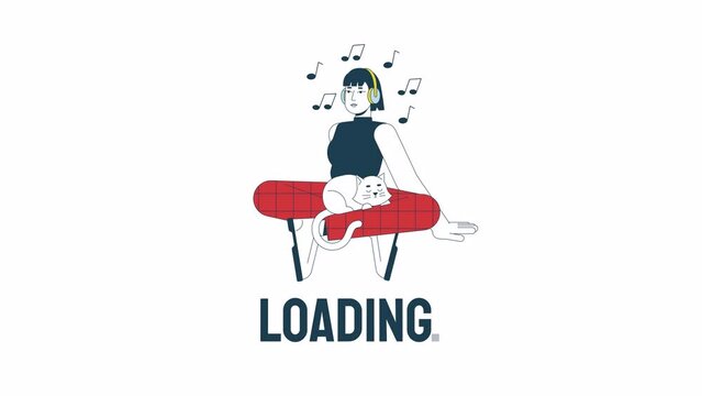 Listen to music loader animation. Asian headphones woman with cat. Flash message 4K video footage. Isolated outline colour loading animation with alpha channel transparency for UI, UX web design