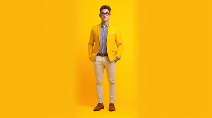 Smiling young business man in classic shirt tie posing isolated on yellow wall background studio portrait. Achievement career wealth business concept. Mock up copy space. Generative AI