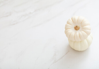 white pumpkins on white marble background