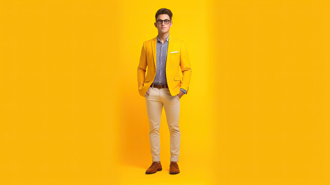 Smiling young business man in classic shirt tie posing isolated on yellow wall background studio portrait. Achievement career wealth business concept. Mock up copy space. Generative AI