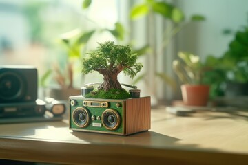 Retro music speaker, headphones, and camera at the office. Artist's desk with a hobby in music and photography. green tree. Generative AI