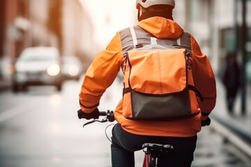 Delivery man riding a bicycle through the city with delivery backpack