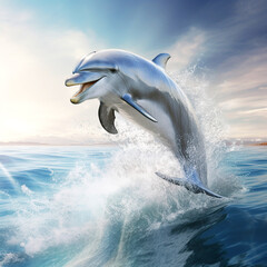 Fototapeta premium Dolphin jumping out of the ocean waves. This oceanic mammal is one of the smartest. Generative AI