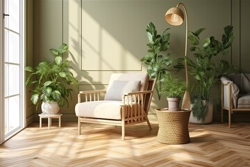 Fototapeta na wymiar Wooden frame mockup, close-up of a comfortable, green-toned living room with lounge furniture, a rattan toilet, and a potted plant. a herringbone floor. Scandinavian modern architecture, Generative AI