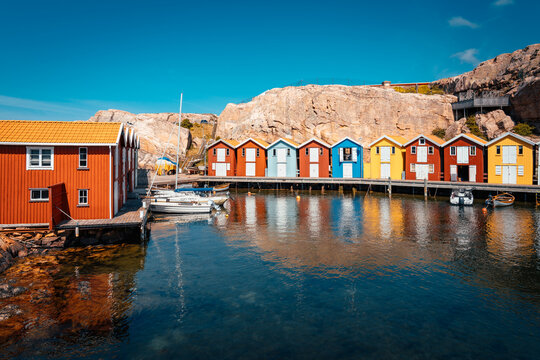 Colorful boathouses in Sm&ouml;gen on the Swedish West Coast. Popular tourist destination.