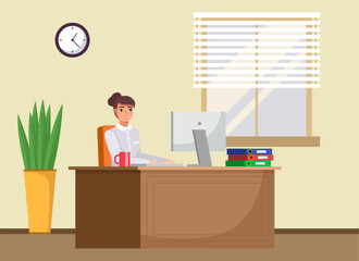 Employee or secretary at the table with a laptop. Smiling businesswoman working at her office workplace flat style illustration. Happy girl office worker enterpreneur performs work on a computer