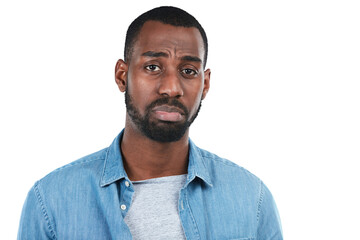 Sad, portrait and black man frown with depression, broken heart or grief guilt on isolated, transparent and png background. Unhappy, face and African male frowning emoji for stress, mistake or sorry