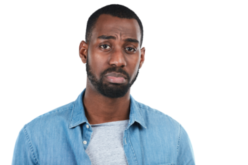 Sad, portrait and black man frown with depression, broken heart or grief guilt on isolated, transparent and png background. Unhappy, face and African male frowning emoji for stress, mistake or sorry