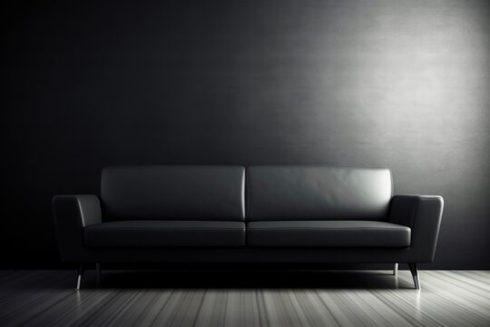 Mock-up of a living room with a black wall and a sofa. Generative AI