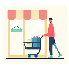 Young male with prosthetic leg carry cart with food, walking around store and buying groceries. Daily life of human with special need. Flat vector illustration in blue and red colors
