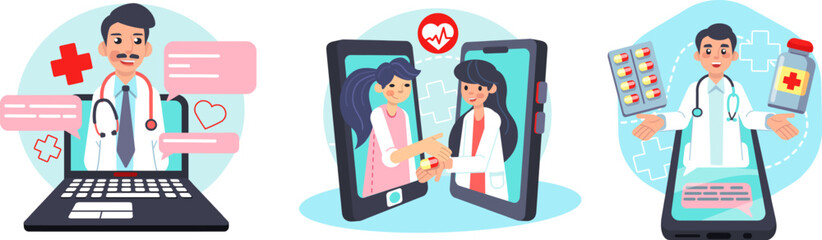 Set of cartoon medical workers giving medical consultation to patients via gadgets. Doctor talking and giving advice to lady via smartphone. Pharmacist recommends medicines. Flat vector